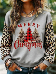 Women's Merry Christmas Leopard Christmas Tree Print Casual Sweatshirt