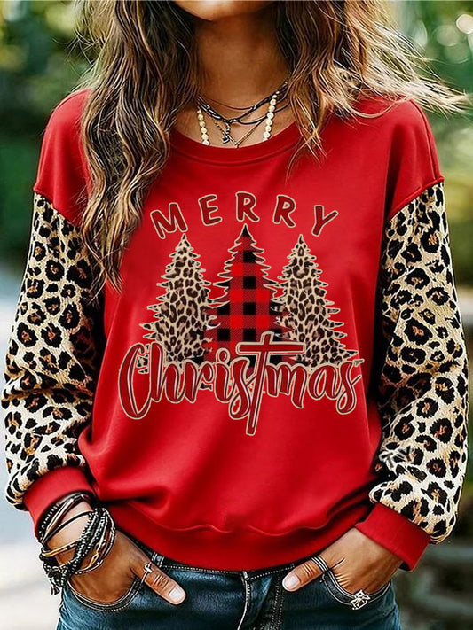 Women's Merry Christmas Leopard Christmas Tree Print Casual Sweatshirt