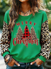 Women's Merry Christmas Leopard Christmas Tree Print Casual Sweatshirt