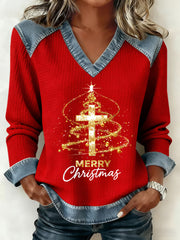 Women's Merry Christmas Faith Cross Print Casual V-Neck Top