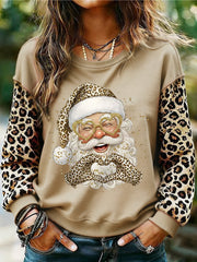 Women's Leopard Santa Claus Print Christmas Casual Sweatshirt