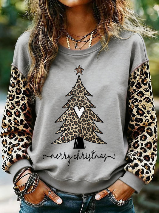 Women's Leopard Christmas Tree Print Casual Sweatshirt