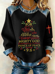 Women's Christian Christmas Faith Cross Print Denim Patchwork Top