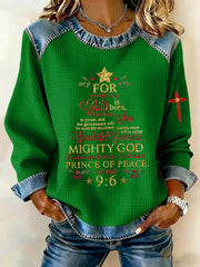 Women's Christian Christmas Faith Cross Print Denim Patchwork Top