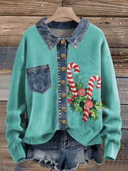 Women's Vintage Christmas Denim Lapel Button Sweater