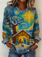Women's Nativity Denim Patchwork Top