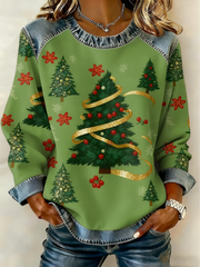 Women's Retro Christmas Print Denim Patchwork Top