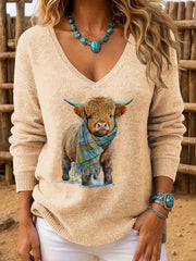 Women's Casual Retro Highland Cow V-Neck Ribbed Top