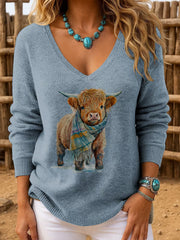 Women's Casual Retro Highland Cow V-Neck Ribbed Top