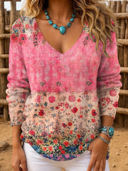 Women's Retro Floral Print Caual Long-Sleeve Top