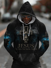 Men's Jesus The Way The Truth The Life Lion Print Casual Velvet Raglan Hoodie