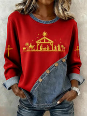 Women's Nativity Print Button-up Sweatshirt