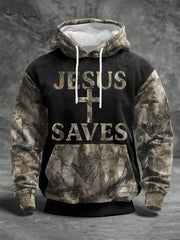 Men's Jesus Saves Cross Faith Forest Camouflage Print Casual Hoodie