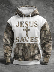 Men's Jesus Saves Cross Faith Forest Camouflage Print Casual Hoodie