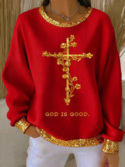 Women's God Is Good Faith Cross Art Ribbed Round-Neck Sweatshirt