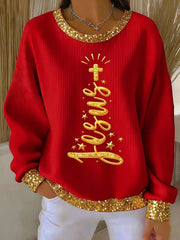 Women's Jesus Faith Cross Art Ribbed Round-Neck Sweatshirt