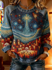 Women's Christian Nativity Scene Greatest Gift of All Denim Patchwork Top