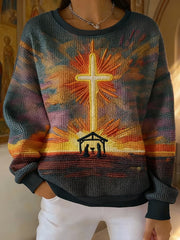 Women's Christian Nativity Scene Greatest Gift of All Ribbed Round-Neck Sweatshirt