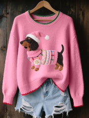 Women's Lovely Christmas Dachshund Felt Art Cozy Knit Sweater