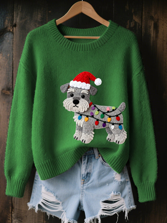 Women's Christmas Schnauzer Dog Felt Art Cozy Knit Sweater