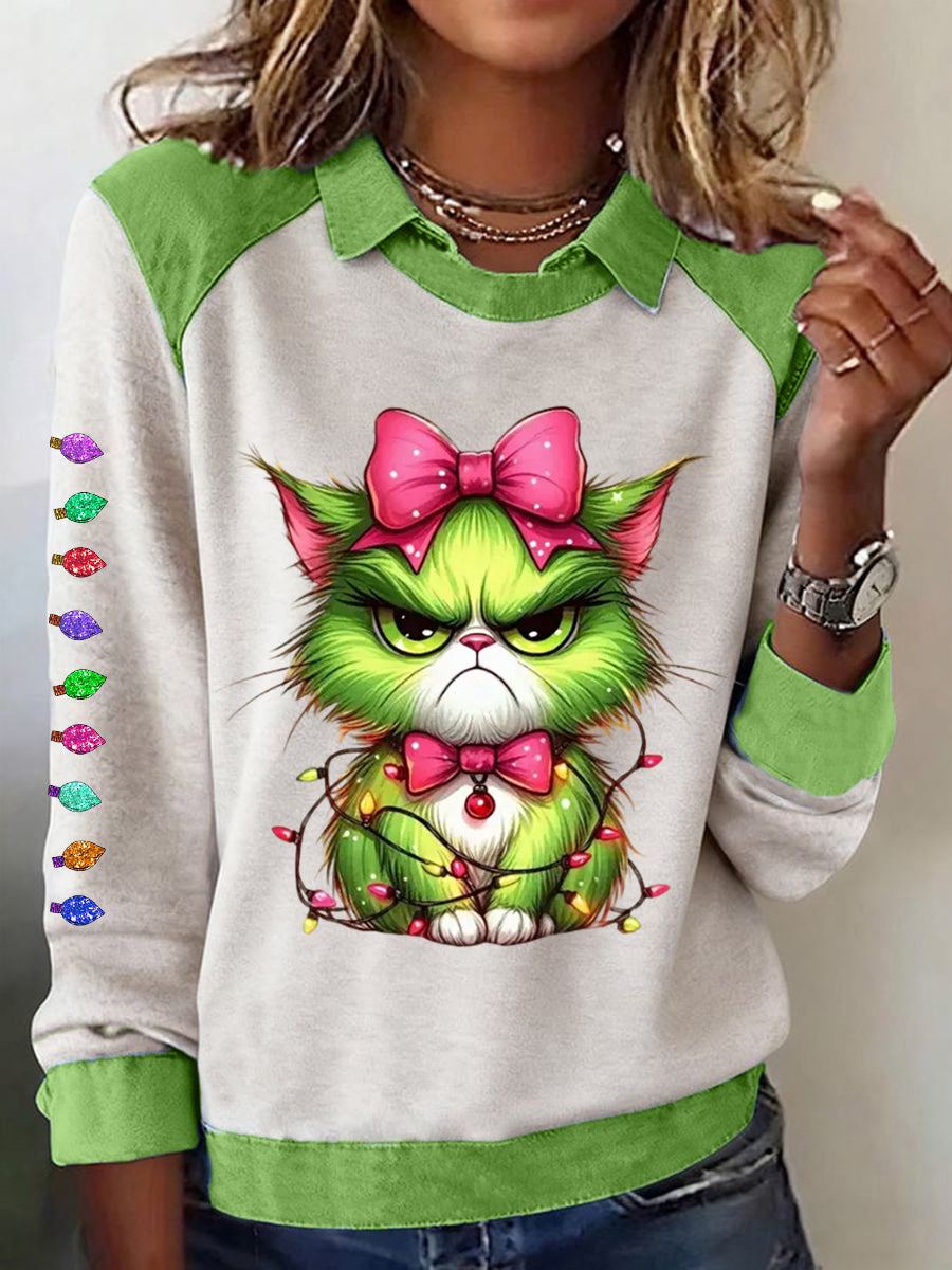 Women‘s Funny Christmas Grinch Cat Print Sweatshirt