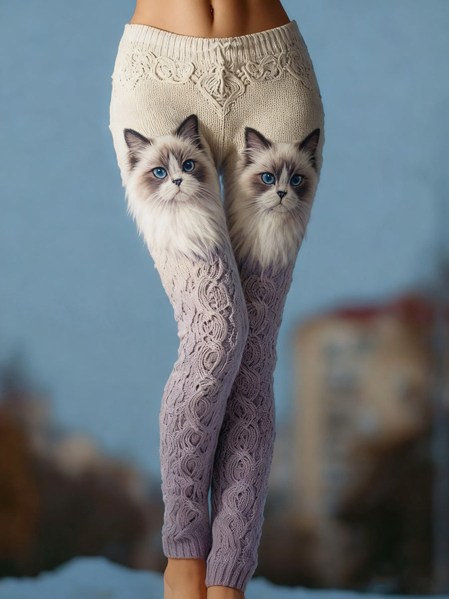 Women's Vintage Cat Art Knit Cozy Leggings