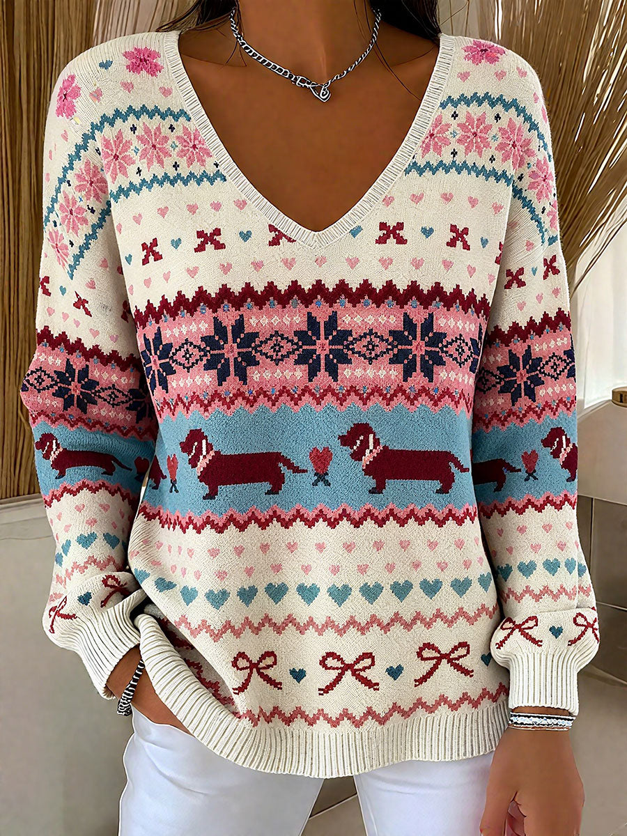 Women's Christmas Dachshund V-Neck Tops