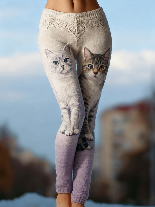 Women's Vintage Cat Art Knit Cozy Leggings