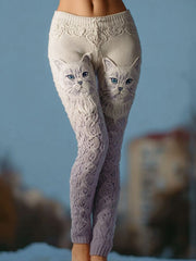 Women's Vintage Cat Art Knit Cozy Leggings