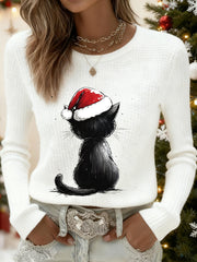 Women's Cute Christmas Cat Print Cat Lovers Casual Long Sleeve Waffle Top