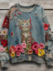 Women's Vintage Patchwork Flower Cat Art Print  Sweatshirt
