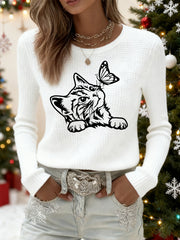 Women's Cute Cat Print Cat Lovers Cat Mom Gift Casual Long-Sleeve T-Shirt