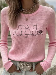 Women's Cute Cat Print Cat Lovers Casual Long Sleeve Waffle Top