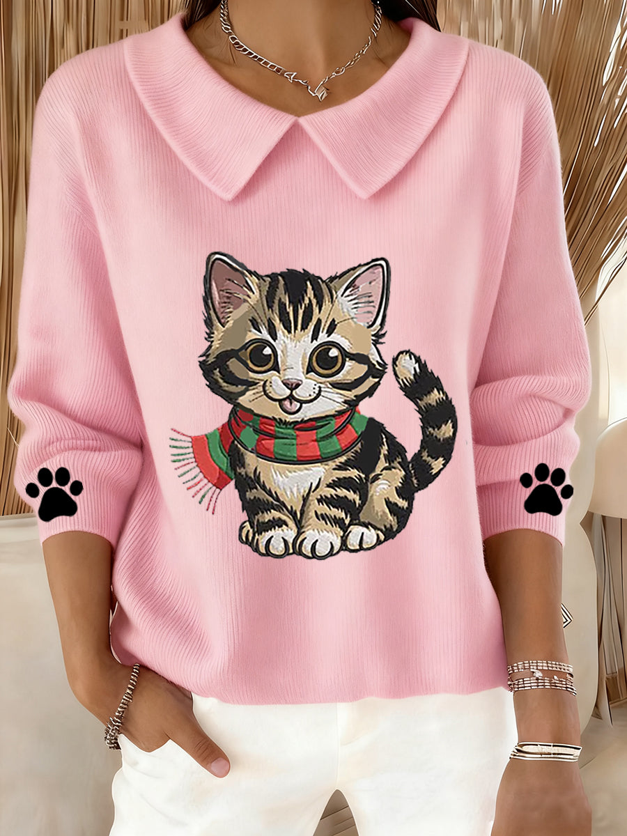 Women's Cute Cat Print Cat Lovers Casual Baby Doll Collar Top