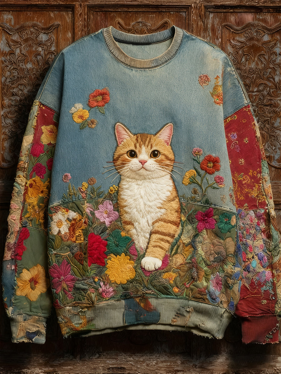 Women's Vintage Patchwork Flower Cat Art Print Sweatshirt