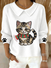 Women's Cute Cat Print Cat Lovers Casual Baby Doll Collar Top
