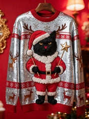 Women's Vintage Christmas Black Cat Knitted Sweater