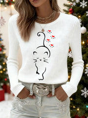 Women's Cute Cat Print Cat Lovers Cat Mom Gift Casual Long-Sleeve T-Shirt