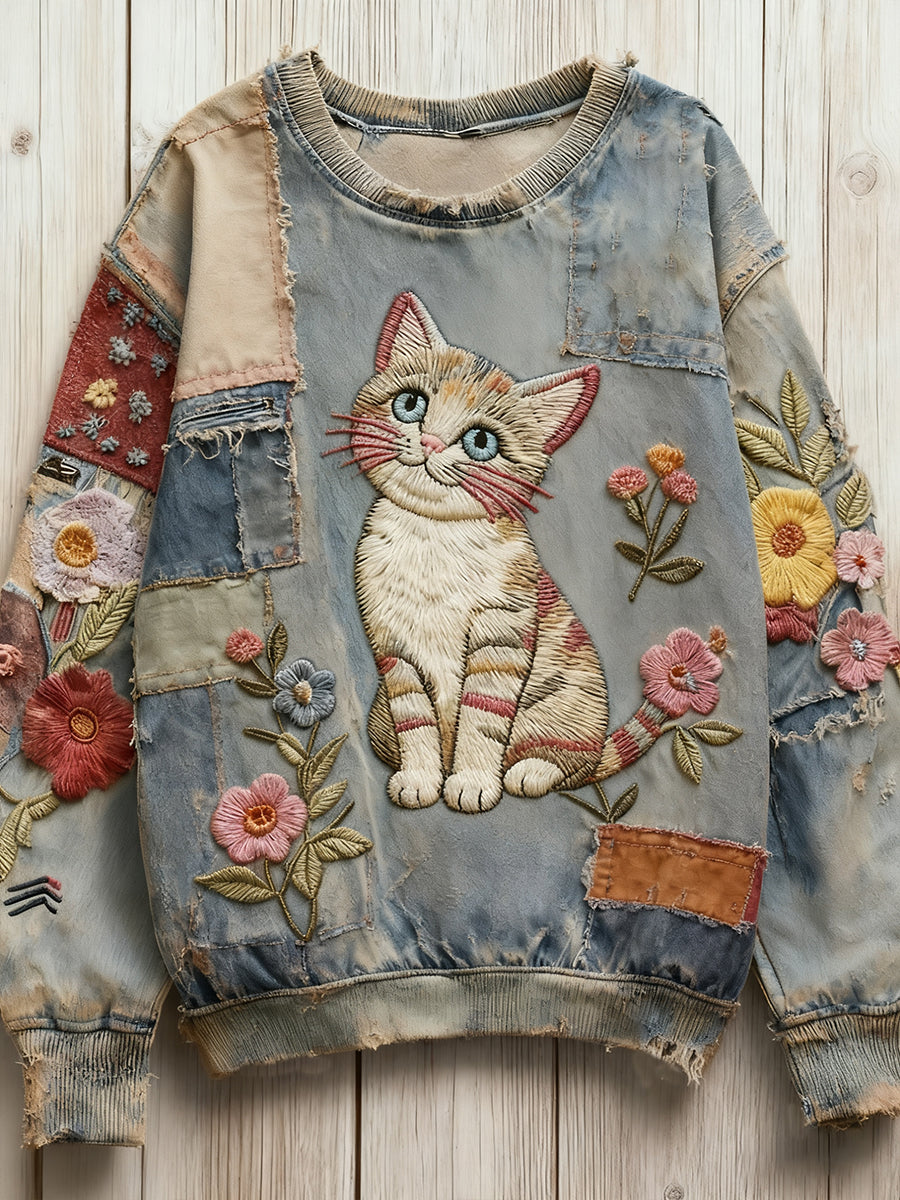 Women's Vintage Patchwork Flower Cat Art Print Sweatshirt