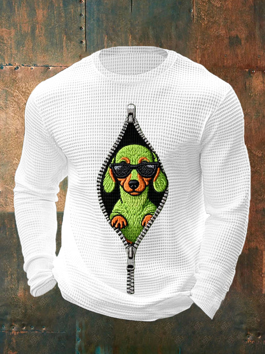 Men's Funny Christmas Grinch Dachshund Print Casual Waffle Long Sleeve Top