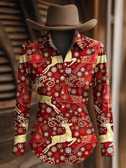 Women's Christmas Elk Print Western Long Sleeve Shirt