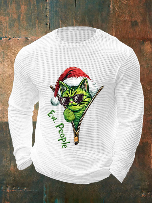 Men's Funny Christmas Grinch Cat Print Casual Waffle Long Sleeve Top