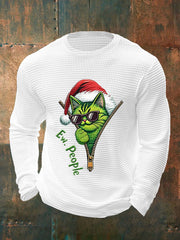 Men's Funny Christmas Grinch Cat Print Casual Waffle Long Sleeve Top