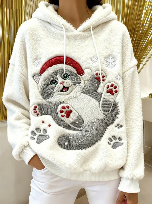Women's Cute Christmas Cat Art Print Casual Flannel Hoodie