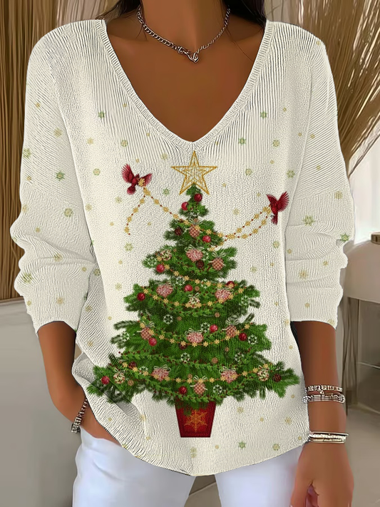 Women's Christmas Tree Print V-Neck Ribbed Top