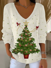Women's Christmas Tree Print V-Neck Ribbed Top