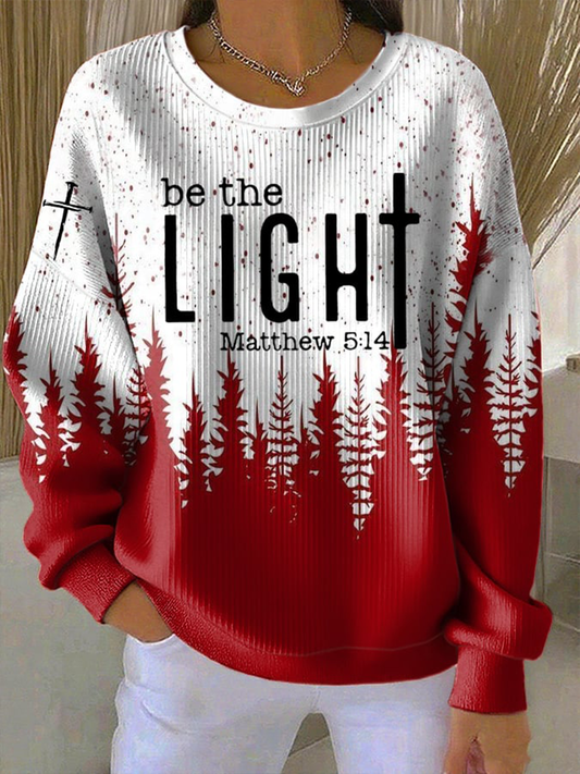 Women's Christmas Be The Light  Ribbed Round-Neck Sweatshirt