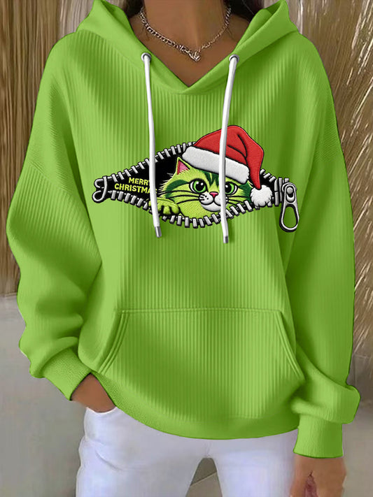 Women's Christmas Grinch Cat Print Casual Hoodie