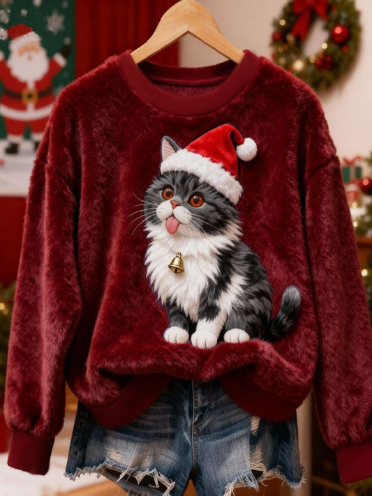 Women's Christmas Cat Flannel Hoodie