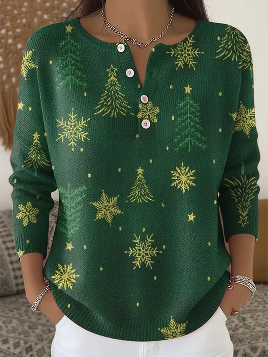 Women's Christmas Print Knit Button Top